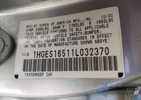 2001 Honda Civic Lx из США, поврежденный, VIN 1HGES16511L032370